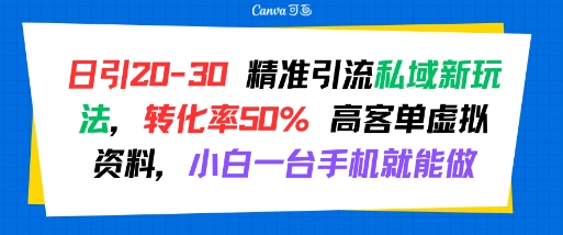 日引 20-30 精准引流私域新玩法，转化率50% 高客单虚拟资料，小白一台手机就能做-冷静项目网