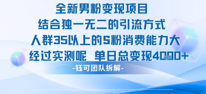 全新男粉变现项目引流人群35以上的男粉消费能力大 经过实测单日变现1k+-冷静项目网