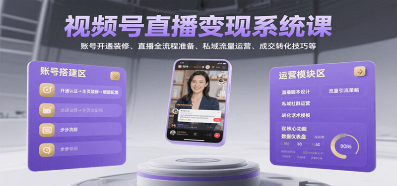 视频号直播变现系统课,账号开通装修、直播全流程准备、私域流量运营、成交转化技巧等-冷静项目网