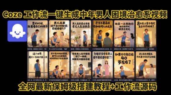 coze工作流一键生成”中年男人困境扎心高涨粉高播放量图文视频”保姆级拆解教程，无需剪辑，无需拍摄写文案-冷静项目网