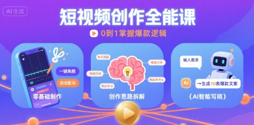 短视频创作课，短视频制作、创作思路、Ai写爆款文案-冷静项目网