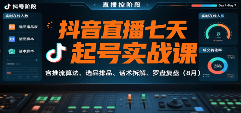 抖音直播七天起号实战课：含推流算法、选品排品、话术拆解、罗盘复盘（8月）-冷静项目网
