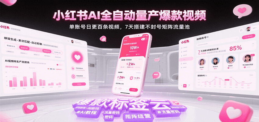 小红书AI全自动量产爆款视频，单账号日更百条视频，7天搭建不封号矩阵流量池（更新）-冷静项目网