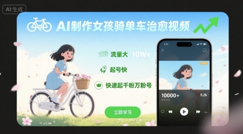 AI制作女孩骑单车治愈视频，流量大，起号快，快速起千粉万粉号-冷静项目网
