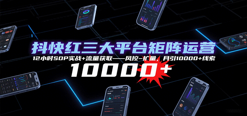抖快红三大平台矩阵运营，12小时SOP实战+流量获取-风控-扩量，月引10000+线索-冷静项目网