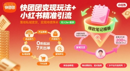 快团团变现玩法+小红书精准引流技巧，助你真正落地私域卖货，实现持续挣米-冷静项目网