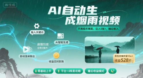 不用拍不用剪！AI自动生成烟雨视频，日入5张+，睡后收入-冷静项目网