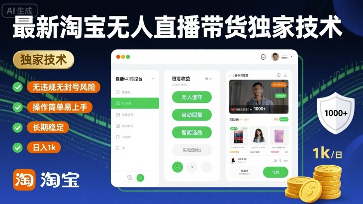 最新淘宝无人直播带货独家技术，无违规无封号风险，操作简单易上手，长期稳定日入1k-冷静项目网