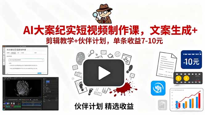 （15992期）AI大案纪实短视频制作课，文案生成+剪辑教学+伙伴计划，单条收益7-10元-冷静项目网