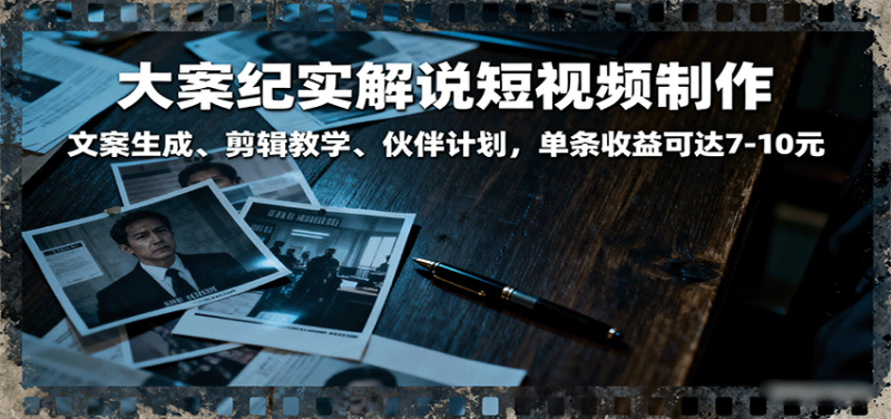 大案纪实解说短视频制作，文案生成、剪辑教学、伙伴计划，单条收益可达7-10元-冷静项目网