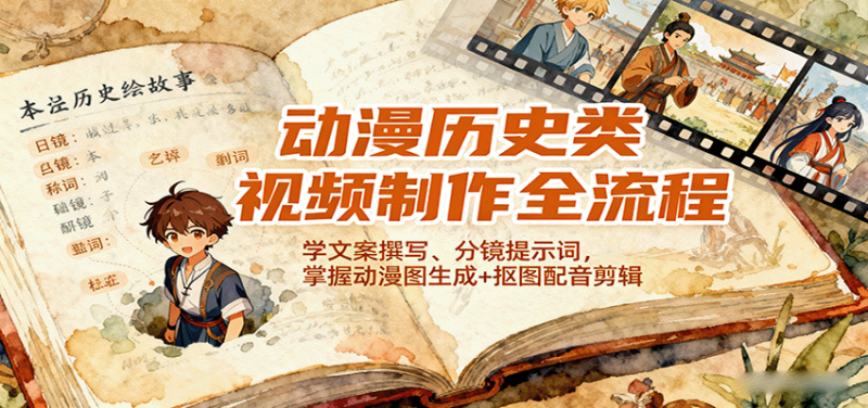 动漫历史类视频制作全流程,学文案撰写、分镜提示词,掌握动漫图生成+抠图配音剪辑-冷静项目网