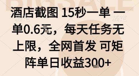 酒店截图15秒一单，一单0.6米，每天任务无上限，全网首发可矩阵单日收益3张-冷静项目网