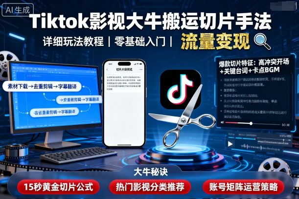 Tiktok影视大牛搬运切片手法，详细玩法教程-冷静项目网