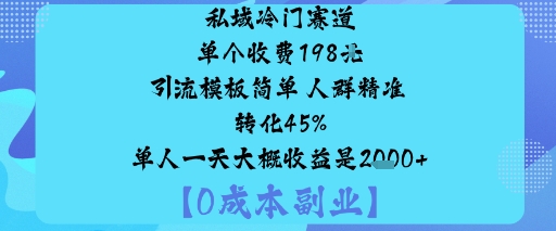 私域冷门赛道:单个收费198米引流模板简单人群精准转化45%单人一天大概收益是1k+-冷静项目网