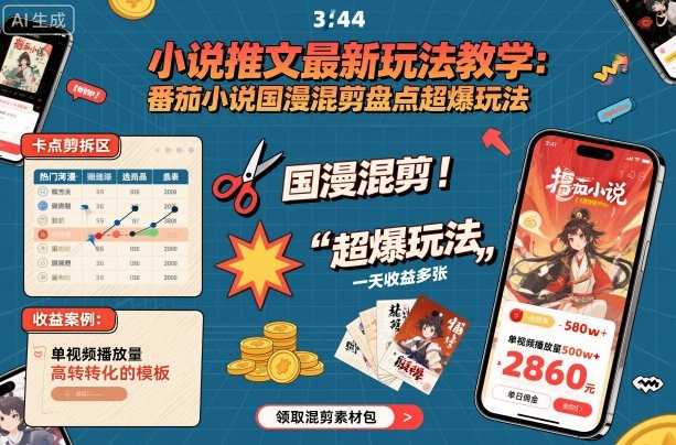 小说推文最新玩法教学，番茄小说国漫混剪盘点超爆玩法，全程干货，一天收益多张-冷静项目网