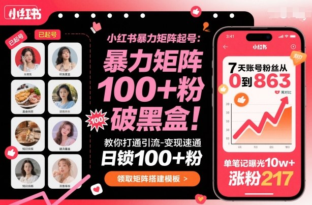 小红书暴力矩阵起号，教你打通引流-变现速通，日锁100+粉，破流量黑盒-冷静项目网