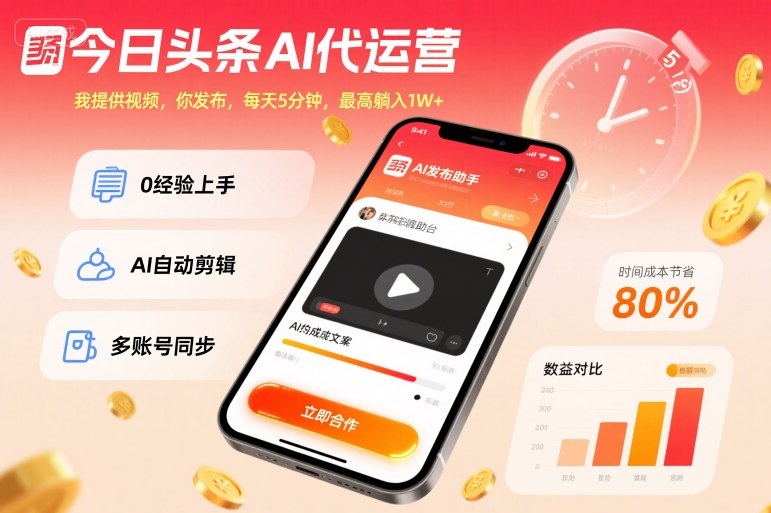 今日头条AI代运营，我提供视频，你发布，每天5分钟，最高躺入1W+-冷静项目网