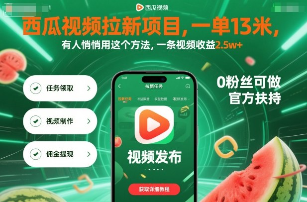 西瓜视频拉新项目,一单13米,有人悄悄用这个方法,一条视频收益2.5w+(附详细教程)-冷静项目网