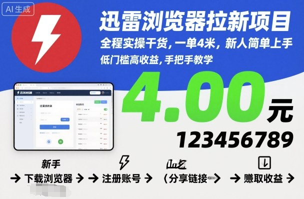 迅雷浏览器拉新项目，全程实操干货，一单4米，新人简单上手-冷静项目网