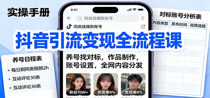 抖音引流变现全流程课:养号找对标,作品制作,账号设置,全网内容分发-冷静项目网