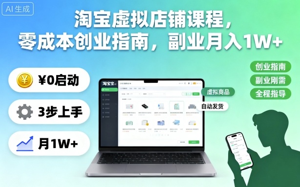 淘宝虚拟店铺课程，零成本创业指南，副业月入1W+-冷静项目网