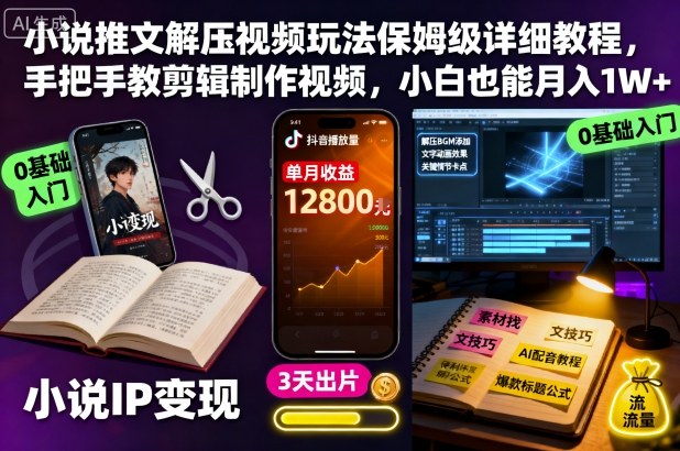小说推文解压视频玩法保姆级详细教程,手把手教剪辑制作视频,小白也能月入1W+-冷静项目网