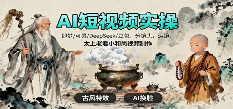 AI短视频实操，即梦/可灵/DeepSeek/豆包，分镜头，运镜，太上老君小和尚视频制作-冷静项目网