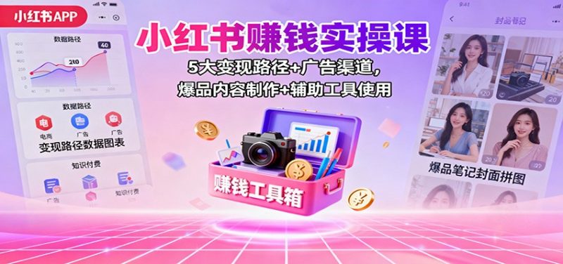 小红书赚钱实操课：5大变现路径+广告渠道，爆品内容制作+辅助工具使用-冷静项目网