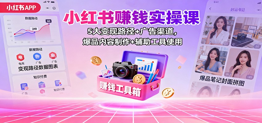 小红书赚钱实操课:5大变现路径+广告渠道,爆品内容制作+辅助工具使用-冷静项目网