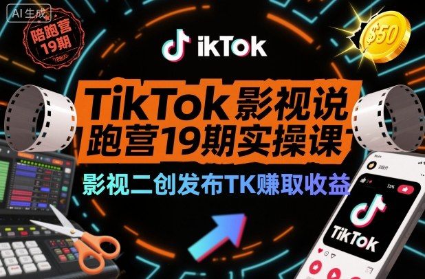 TikTok影视解说陪跑营19期实操课,影视二创发布TK賺取收益,万播收益50美金-冷静项目网