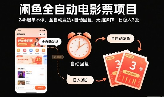 闲鱼全自动电影票项目，24h爆单不停，全自动发货+自动回复，无脑操作，日稳入3张-冷静项目网