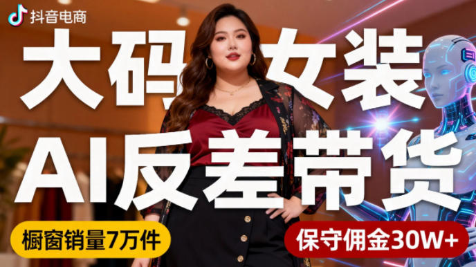 抖音小众赛道，大码女装AI反差带货，不用直播，每天6条作品，橱窗卖7万件，保守佣金30W+-冷静项目网