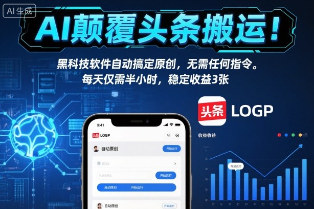 AI颠覆头条搬运！黑科技软件自动搞定原创，无需任何指令。每天仅需半小时，稳定收益3张-冷静项目网