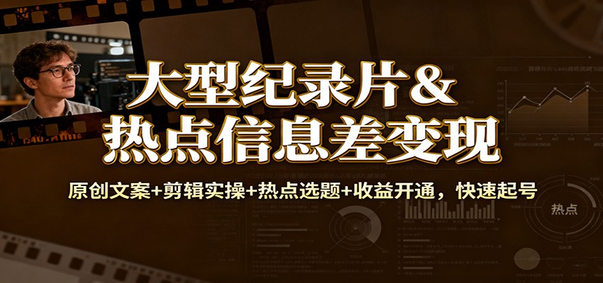 大型纪录片&热点信息差变现:原创文案+剪辑实操+热点选题+收益开通,快速起号-冷静项目网
