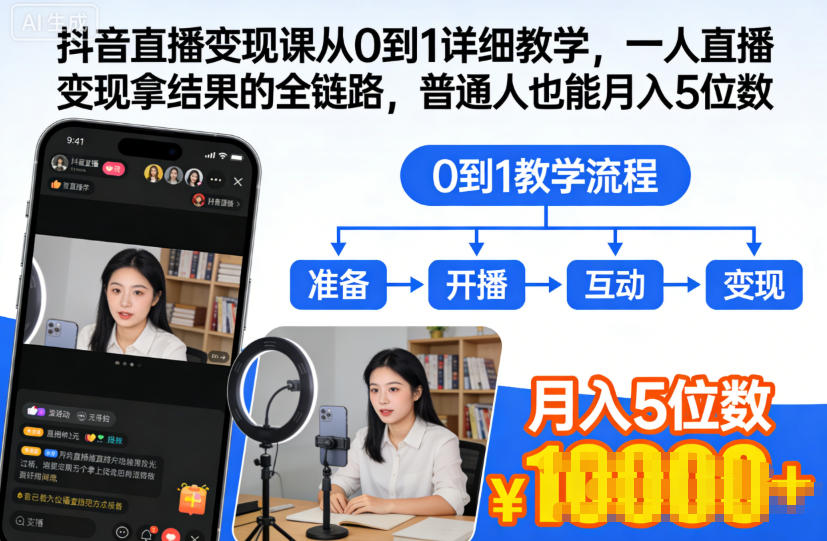 抖音直播变现课从0到1详细教学，一人直播变现拿结果的全链路，普通人也能月入5位数-冷静项目网