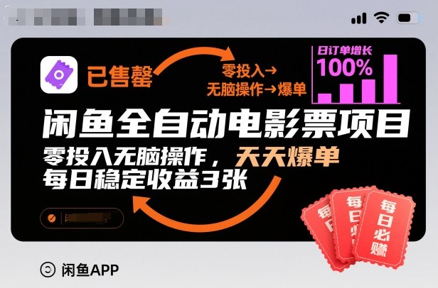 闲鱼全自动电影票项目，零投入无脑操作，天天爆单，每日稳定收益3张-冷静项目网