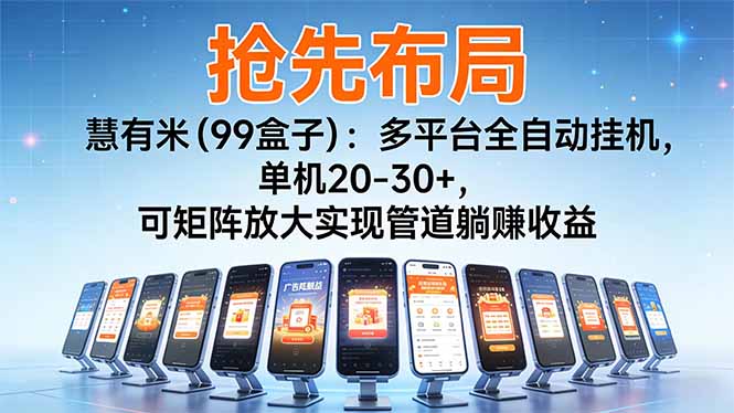 (16757期)【抢先布局】慧有米(99盒子):多平台全自动挂机,单机20-30+,可矩阵放大实现管道躺赚收益-冷静项目网