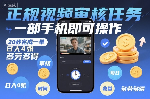 正规视频审核任务，一部手机即可操作，20秒完成一单，日入4张，多劳多得-冷静项目网